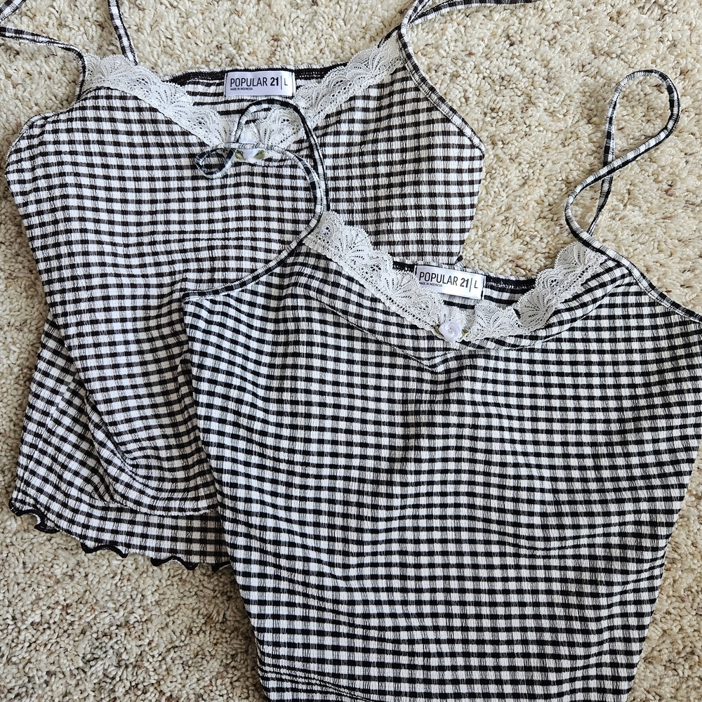 Popular 21 Black & White Gingham Lace-Trim Camisole